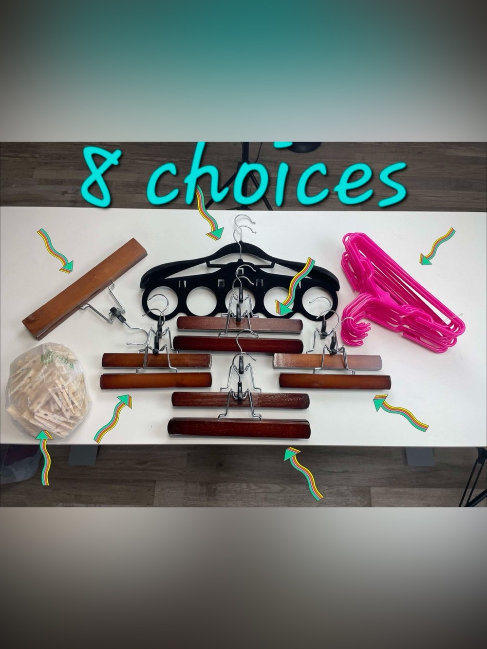 8 small hanger bundle choices. Pants, accessories, coat, wood hangers, pins.